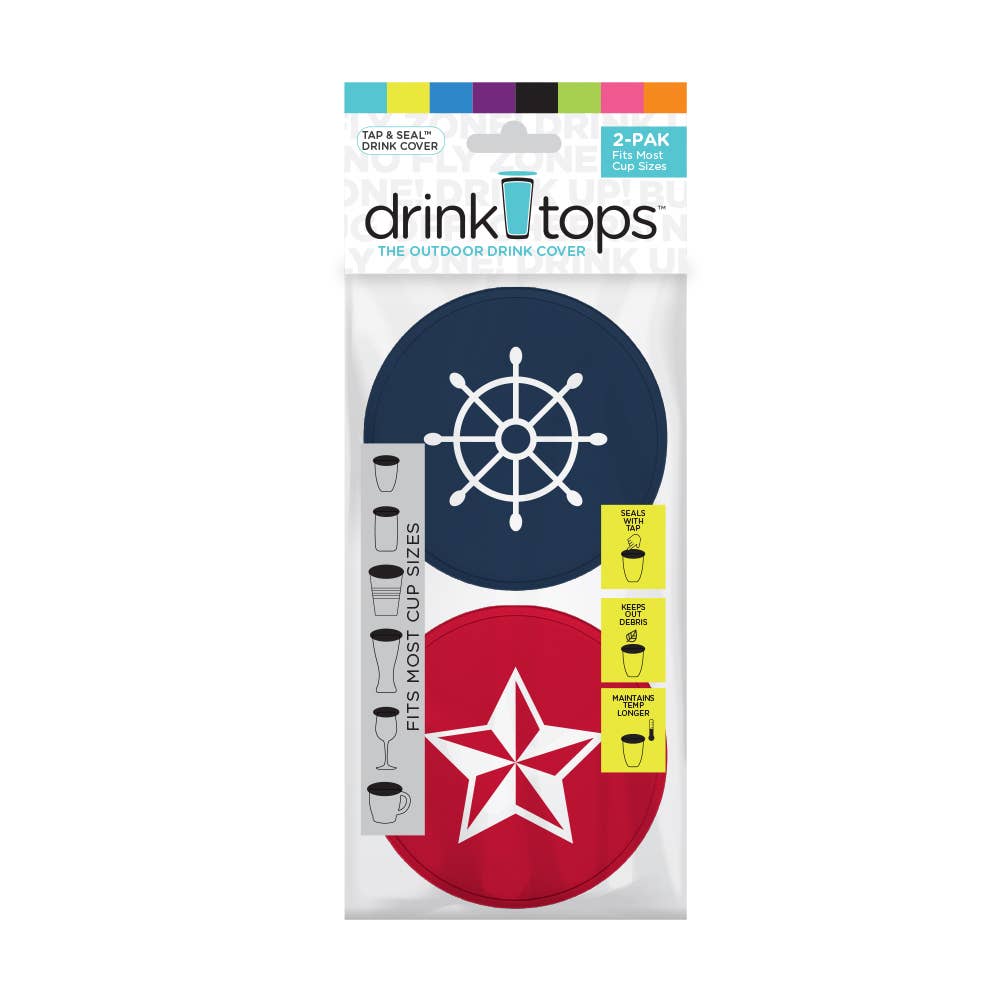 Drink Tops™ - TAP & SEAL Drink Covers - Hanger 2/PK: Ship Wheel/Star