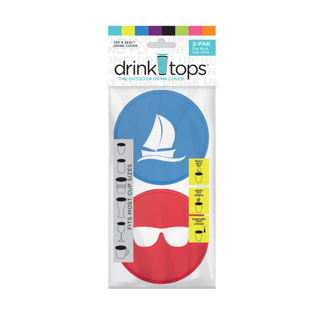 Drink Tops™ - TAP & SEAL Drink Covers - Hanger 2/PK: Sailboat/Naut Sunglasses